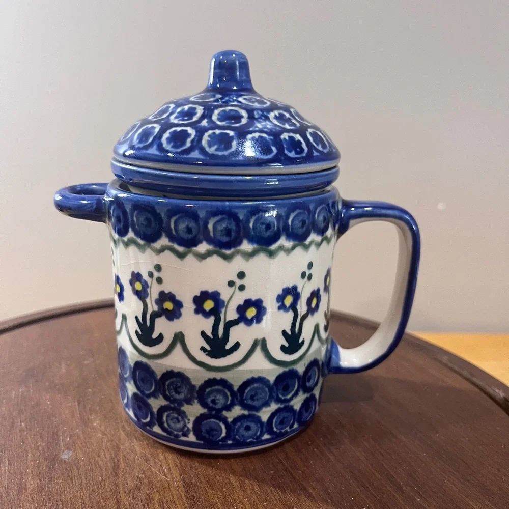 Vtg Polish Pottery Unikat Tea Infuser Mug Strainer Set Boleslawiec Blue Floral